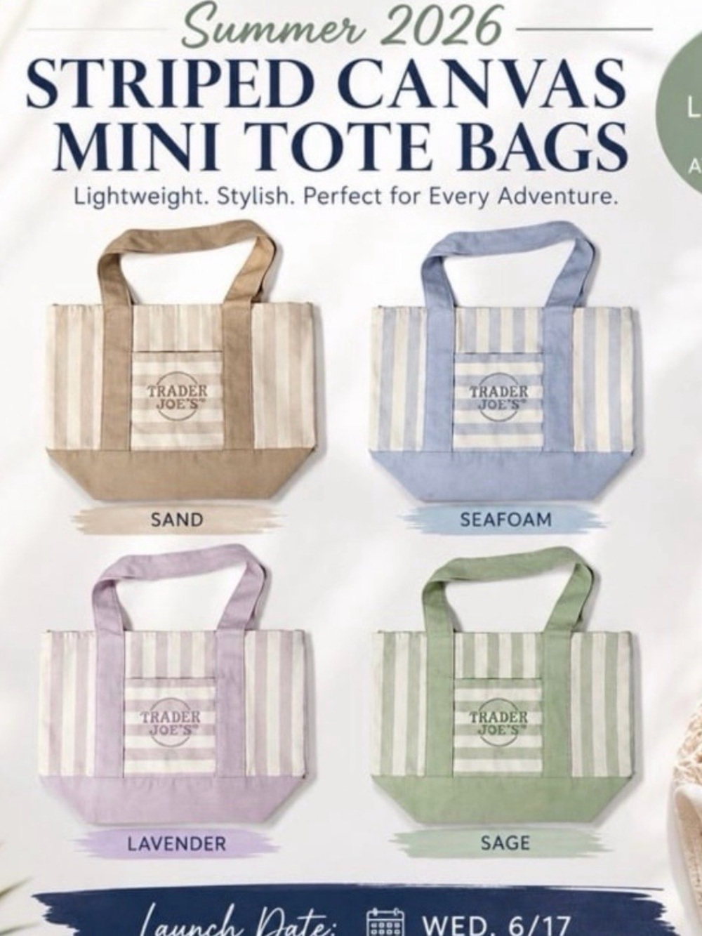 Trader Joe's Pastel Stripe Canvas Tote - Mint, Pink, Peach, Light Blue